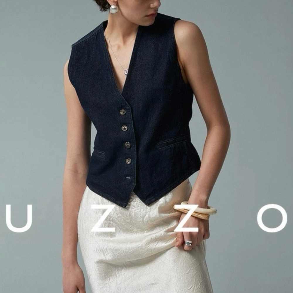 UZZO Dark Wash Denim Vest Sleeveless Button Front Minimalist S